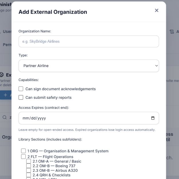 Blank Add External Organization form