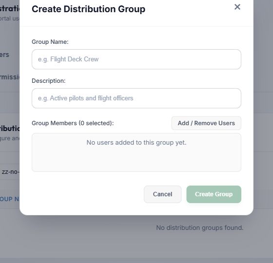 Blank Create Distribution Group form