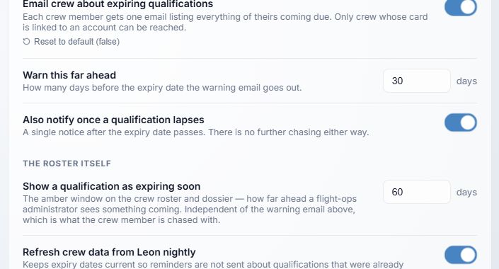 Crew Records settings in the local demo