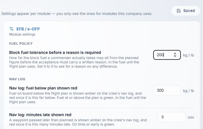 EFB and e-OFP settings in the local demo