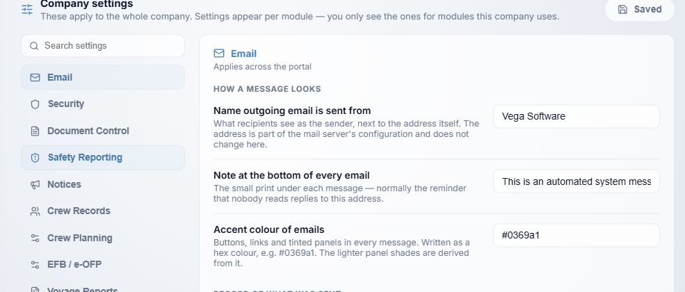 Settings navigation and Email section