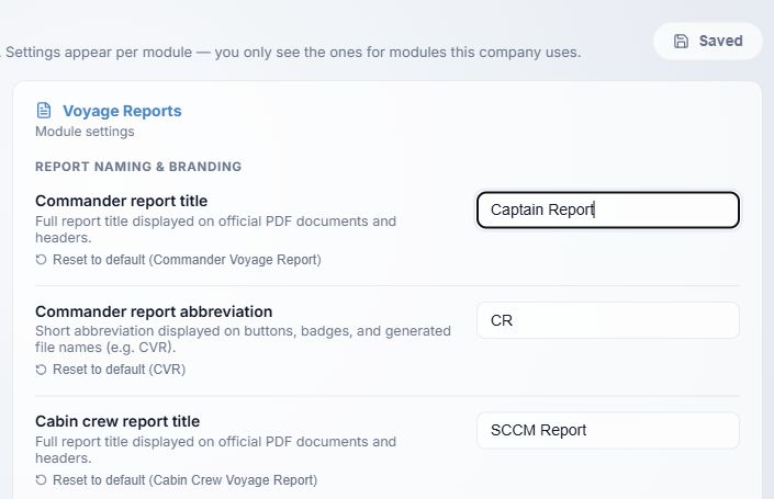 Voyage Reports settings in the local demo