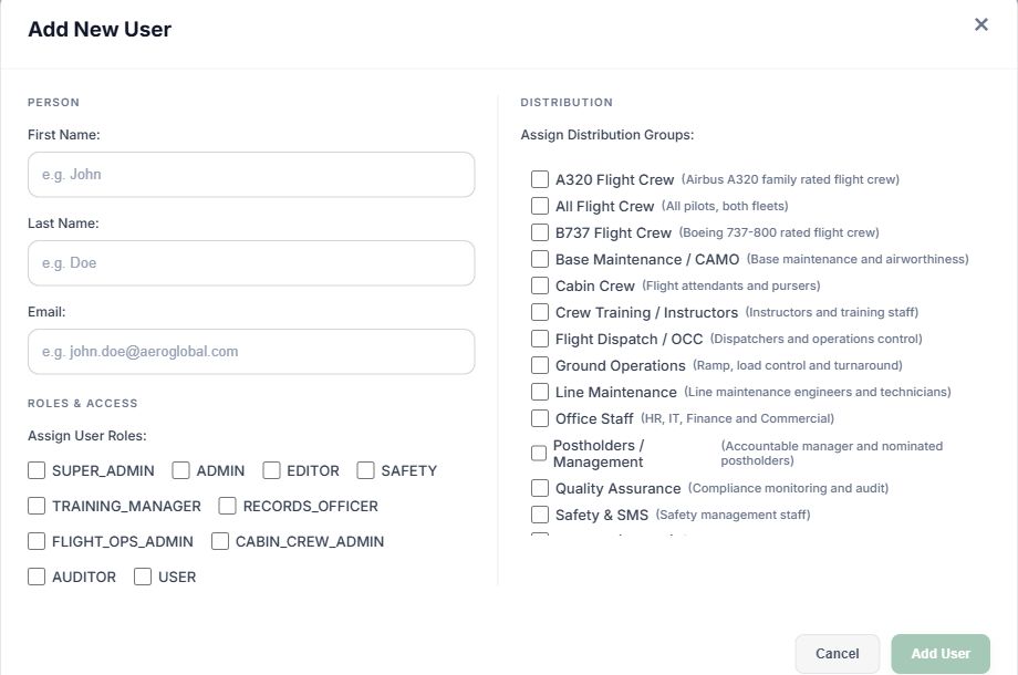 Blank Add New User form