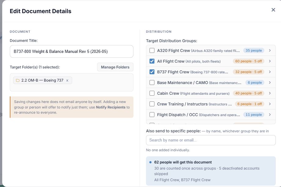 Edit Document Details form with title, folder and distribution groups