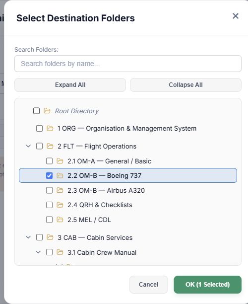 Destination folder picker with root, search, tree, and OK button
