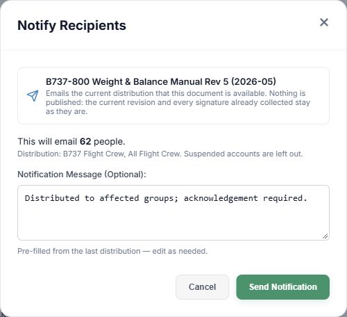 Notify Recipients preview, optional note, and send button