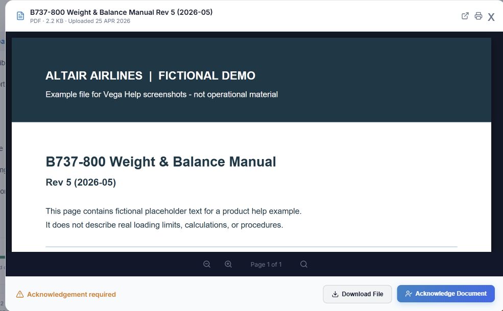 Reader title, matching fictional PDF, viewer tools, Download File and Acknowledge Document numbered