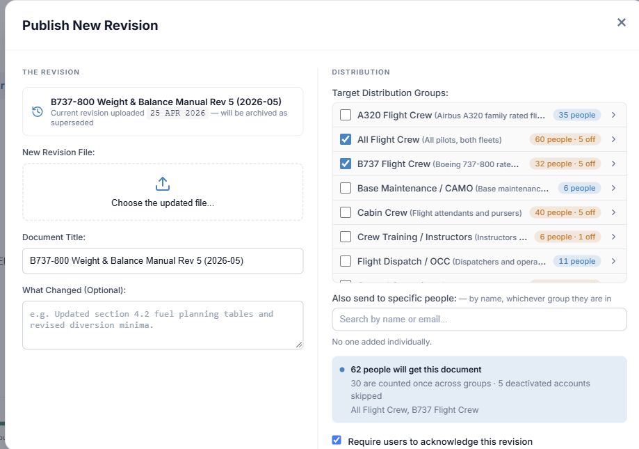 New revision form with current file, replacement, title, change note, and groups