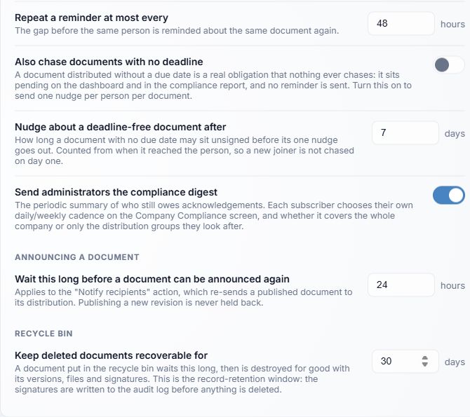 Document Control settings for deadline-free nudges, digests, announcements, and Trash
