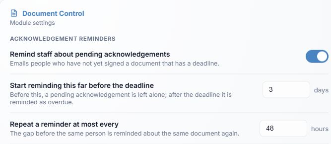 Document Control settings for deadline reminders