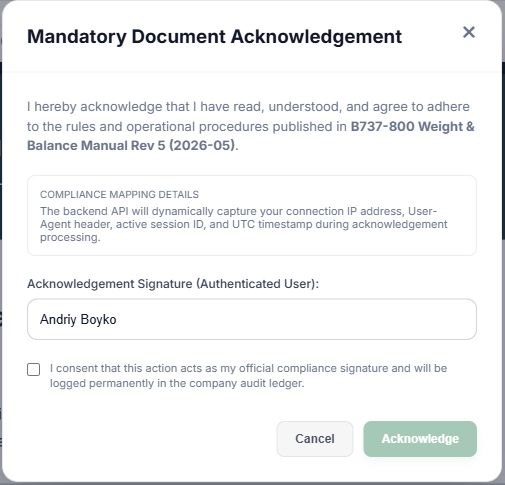Acknowledgement declaration, fictional authenticated name, consent checkbox and final Acknowledge button numbered