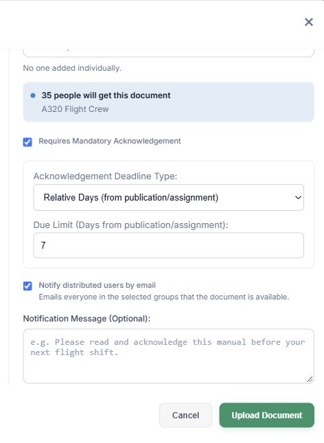 Acknowledgement deadline, recipient count, and email options