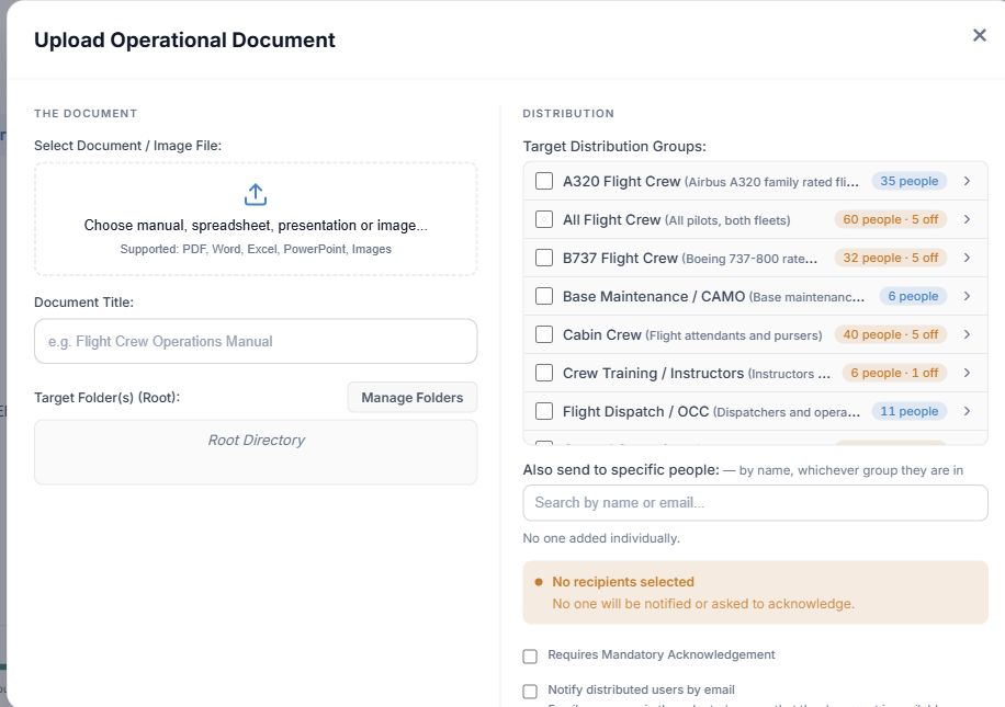 Upload document form showing file, title, folder, and audience