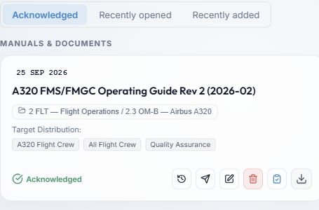 Acknowledged tab, acknowledgement date and document folder