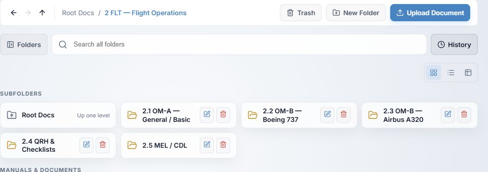 History button off and the Flight Operations folders visible