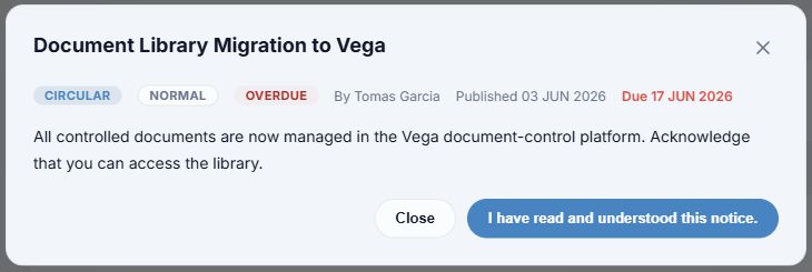 Notice title, status and due date, body and acknowledgement button numbered in the fictional notice dialog