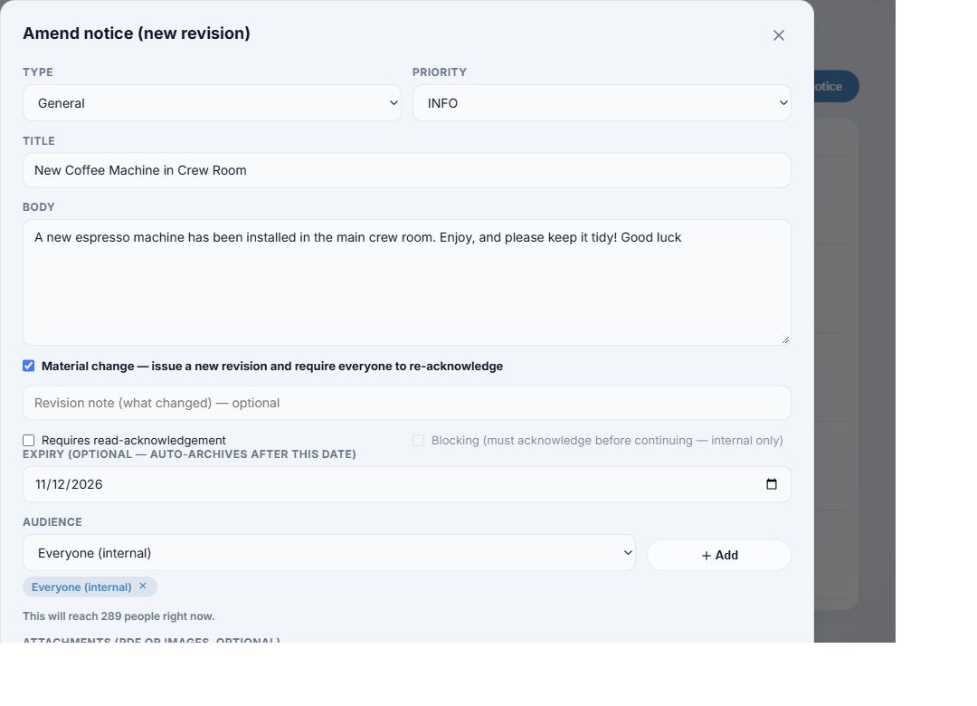 Amend form with material change selected and revision note field