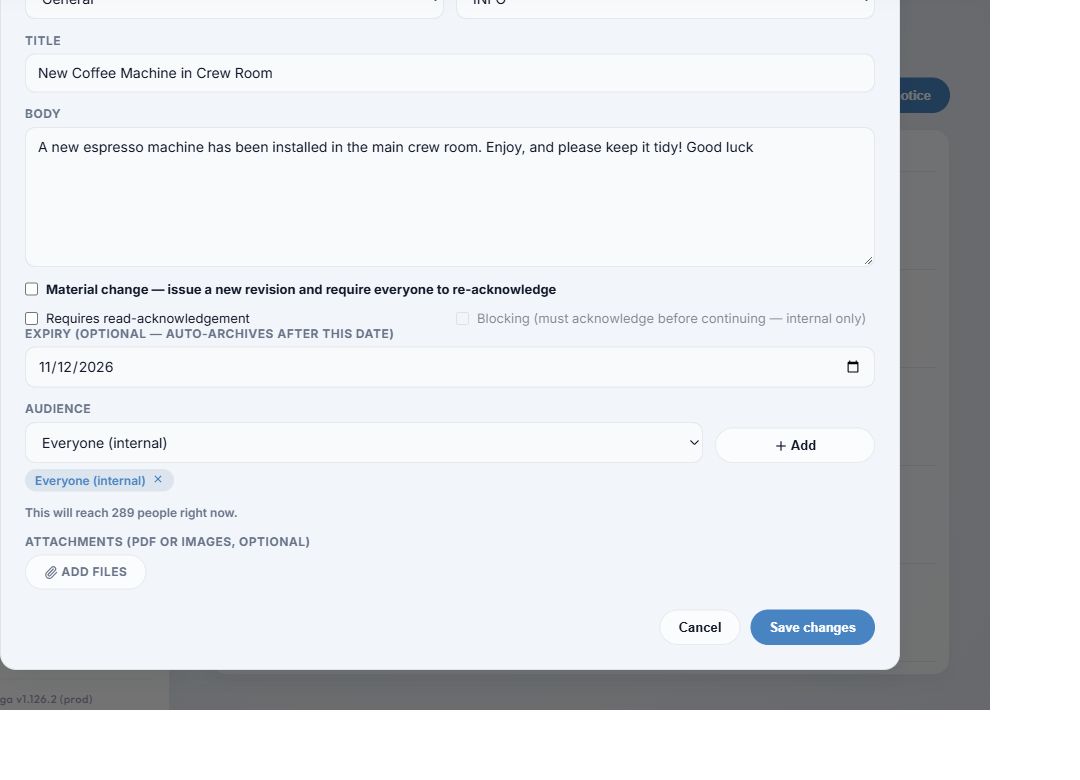 Amend form with material change cleared and Save changes button