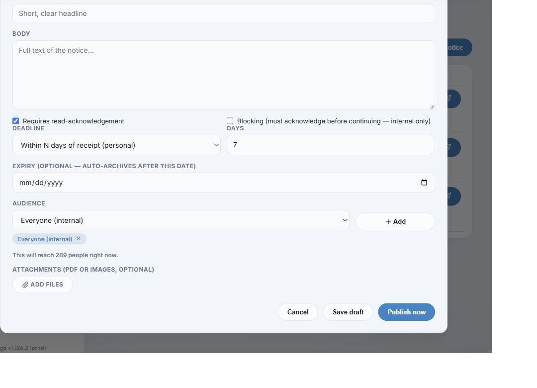 Lower part of the notice form showing deadline, audience preview, attachments, and action buttons