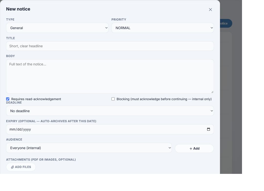 New notice form showing type, priority, title, body and acknowledgement settings