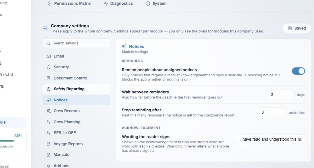 Notices settings card with reminder policy and acknowledgement wording