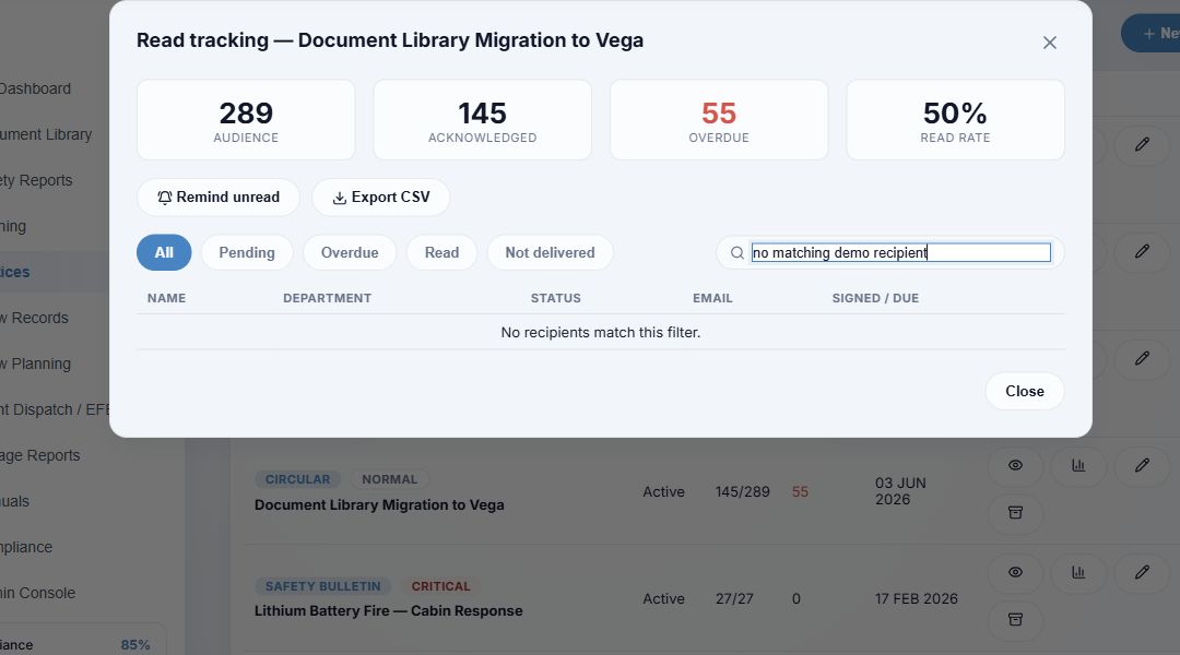 Read tracking summary, filters and buttons with an intentionally empty search result