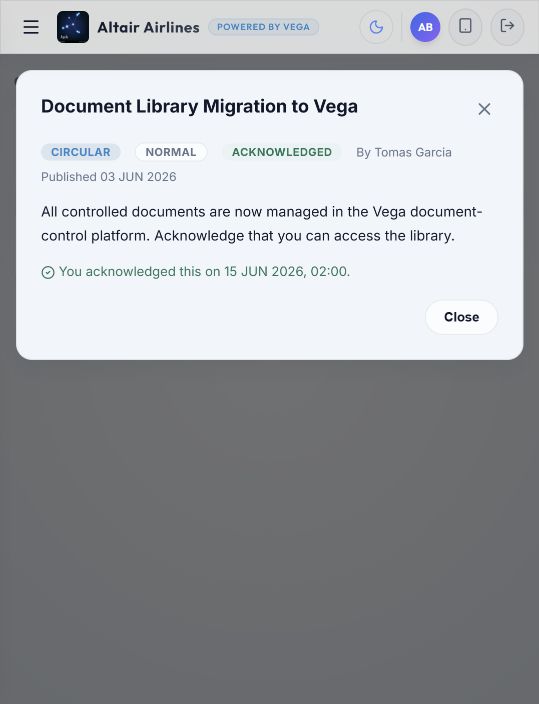 Title, acknowledged status and recorded acknowledgement time numbered in a fictional completed notice
