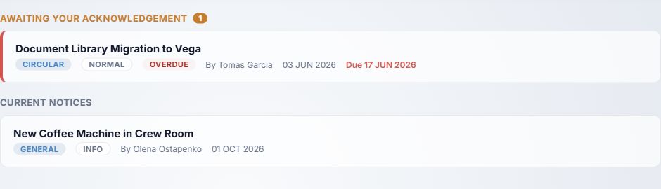 Awaiting acknowledgement, pending card, due date and current notices numbered in a fictional inbox