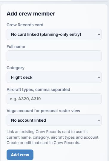 Blank crew directory form with card and account link selectors