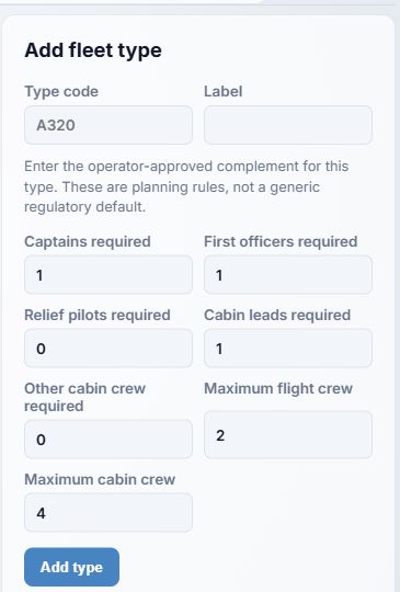 Add fleet type form with complement starting values
