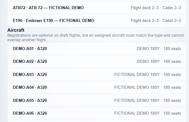 Fictional fleet types and aircraft entries
