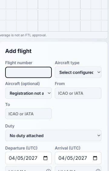 Flight form with aircraft type, route and duty selectors