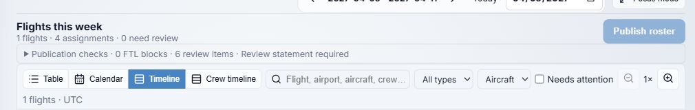 Flight schedule toolbar, publication button and check summary