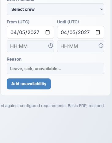 Unavailability form with person, UTC interval and reason