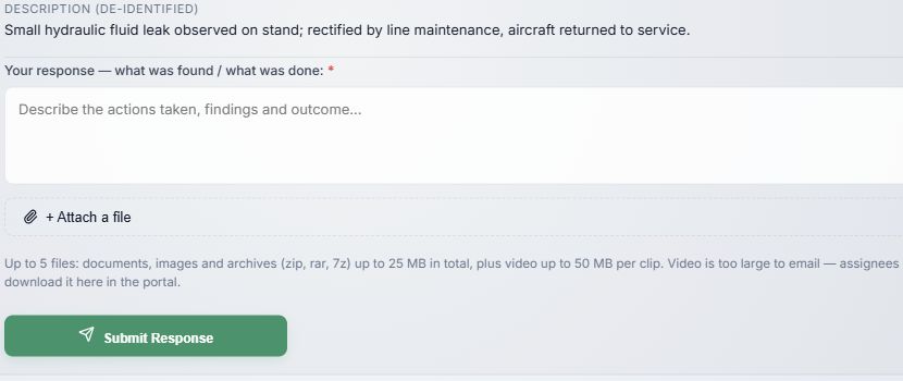 Response field, attachment control, and Submit Response