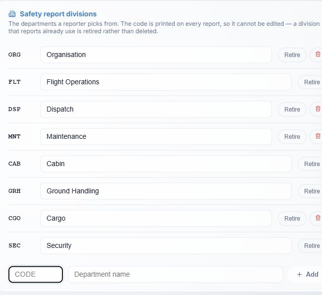 Safety report division codes, names, retire controls and Add