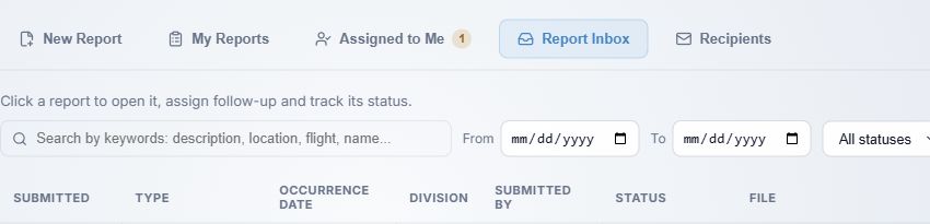 SMS inbox search and status filters, cropped before report rows