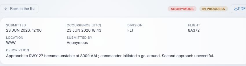 De-identified fictional report detail header and occurrence fields