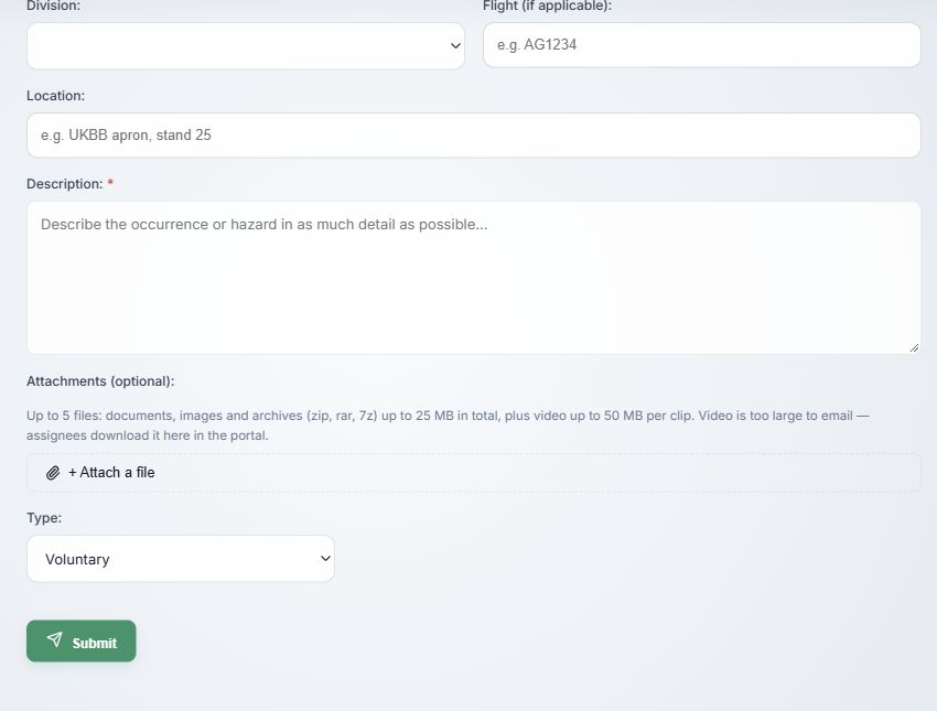 Lower part of the form, showing evidence, type, and Submit
