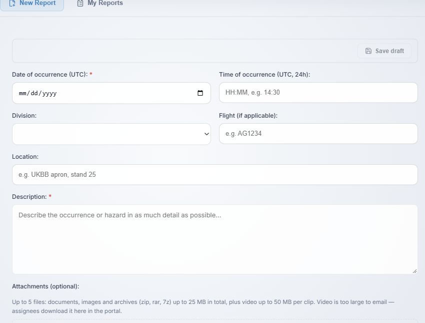 Upper part of the New Report form, with numbered controls