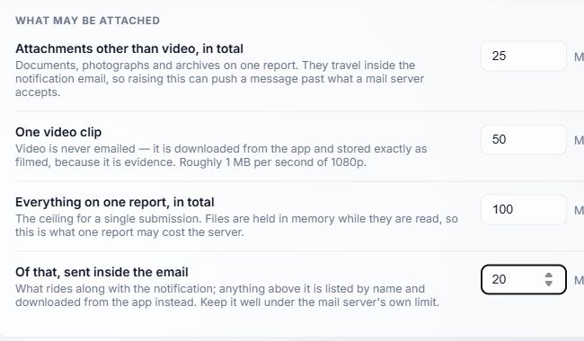 Safety Reporting attachment limits and email threshold