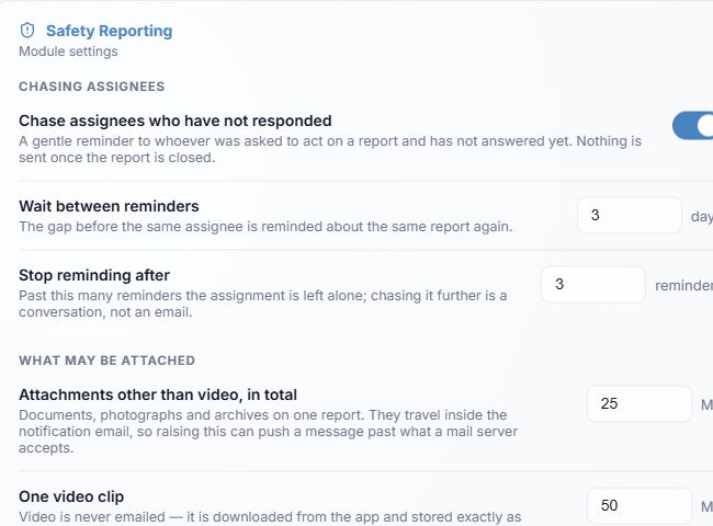 Safety Reporting reminder controls in the fictional demo