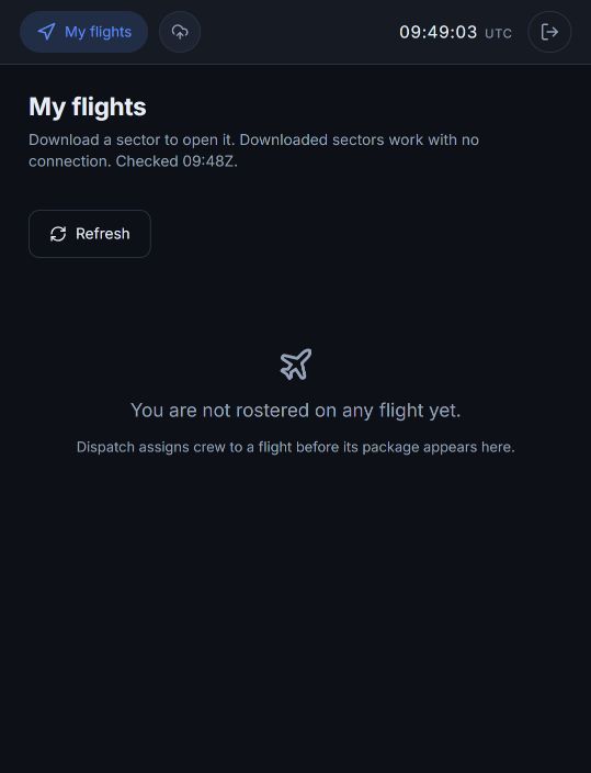 Empty My flights screen in the fictional local demo